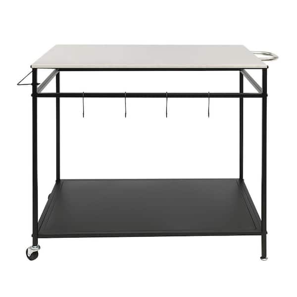 YIYIBYUS Black Stainless Steel Outdoor Grill Cart Double-Shelf Movable Cooking Table with Wheels