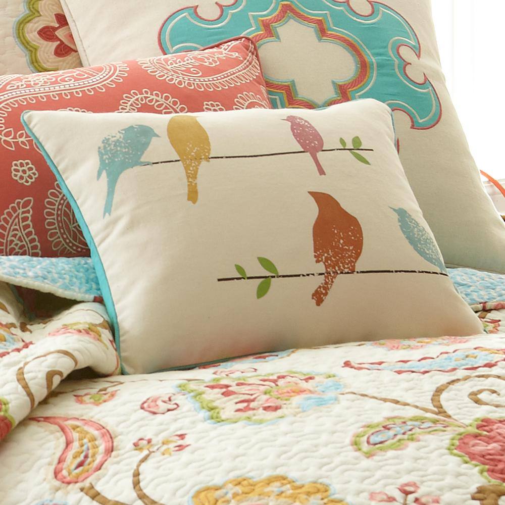 Ashbury Spring Multicolor Birds Cotton Throw Pillow
