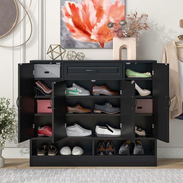 47.2 in. H x 39.4 in. W Black Wood 4-Door Shoe Storage Cabinet with Drawer  and Open Shelf, Shoe Cabinet for Entryway