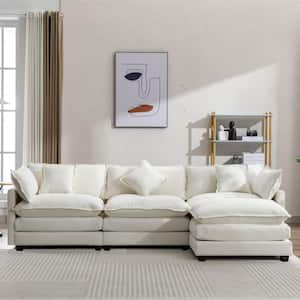 112 in. Square Arm Chenille Upholstered Rectangle Sofa in. Beige with Ottoman and 5 Pillows