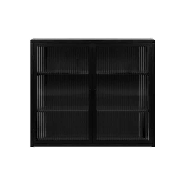 27.60 in. W x 9.10 in. D x 23.60 in. H Glass Door Bathroom Storage Wall Cabinet in Black With Detachable Shelves