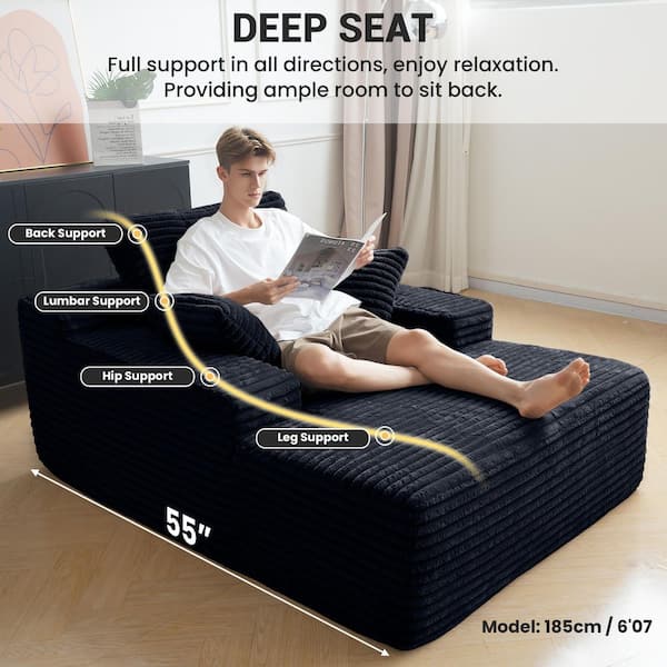 49 in. Oversized Squre Arm Corduroy Rectangle Sectional Sofa with 2-Pillows in Black, No Assembly