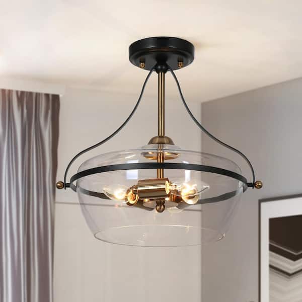 Zevni 14 in. 3-Light Brass Gold Modern Semi-Flush Mount Ceiling Light with Clear Glass, Black Ceiling Lights for the Hallway