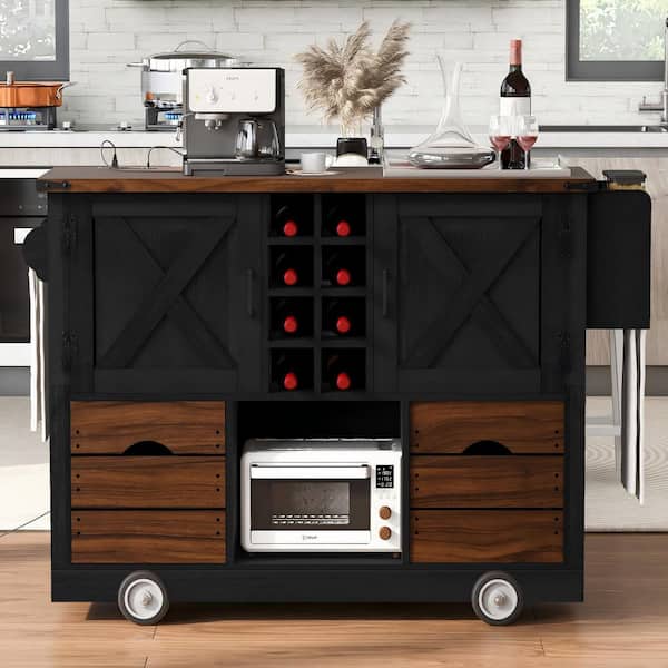 Black Wood 54 in. Kitchen Island with Drop Leaf, Power Outlet, 2-Drawers, Removable Wine Rack