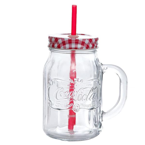 Gibson Coca-Cola Country Classic 4-Piece Clear Glass Mason Jar with Lid and Straw Set