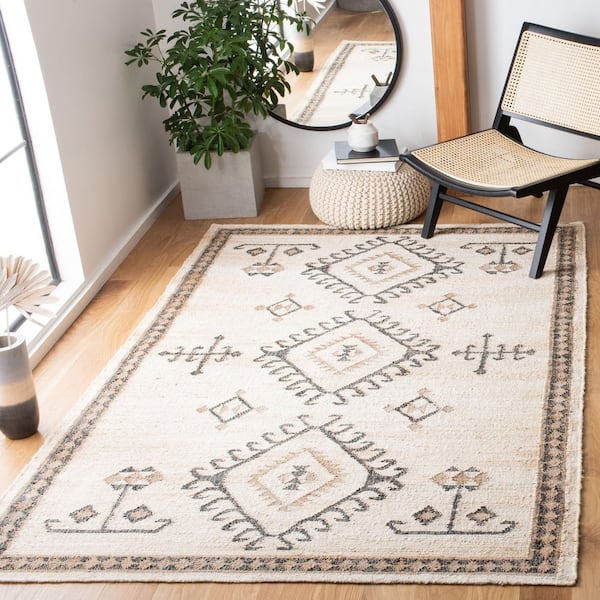 Kilim Ivory/Black 5 ft. x 8 ft. Native American Border Area Rug