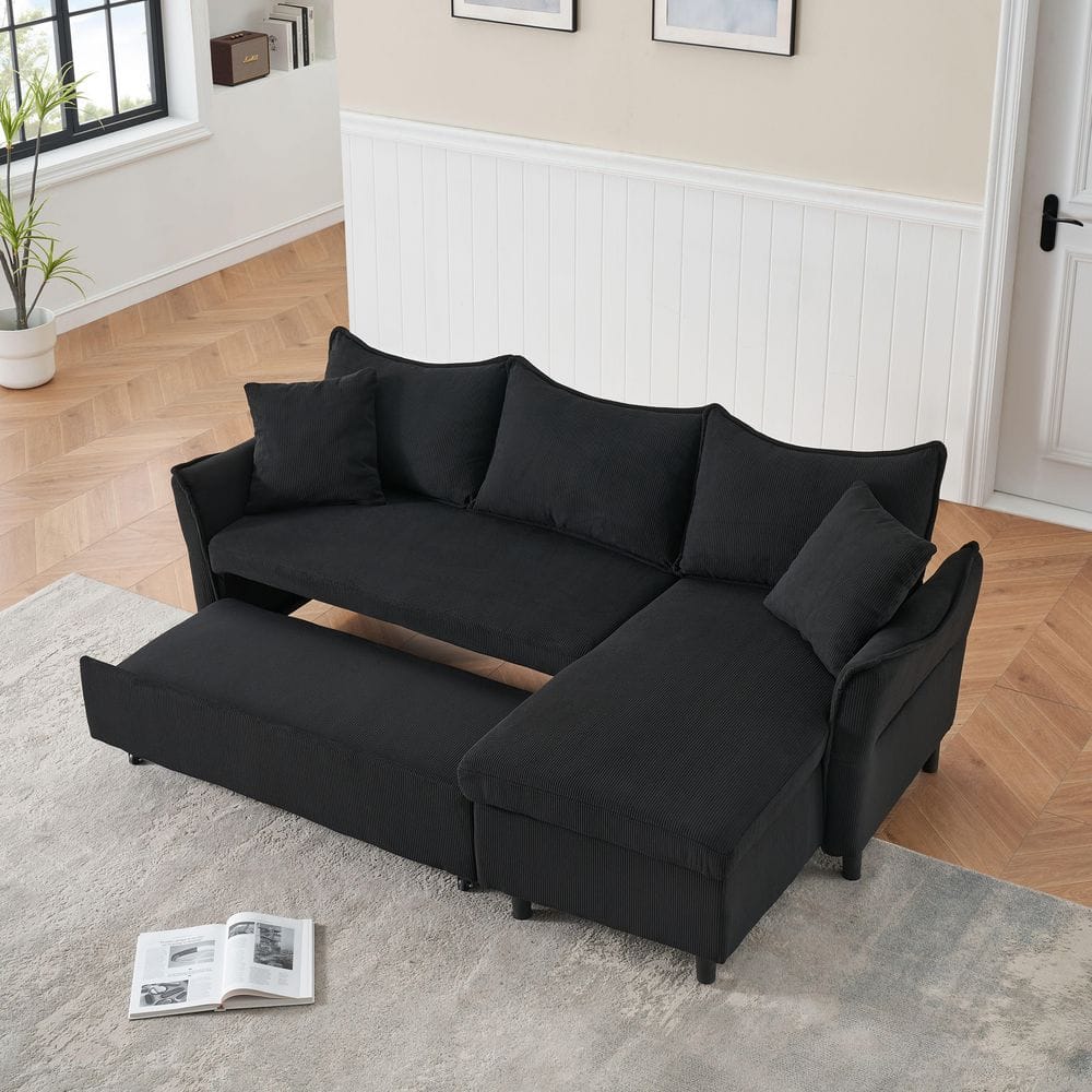 Black 80 in. Corduroy Chenille L-Shaped 3-Seater Full Size Sofa Bed with Pu
