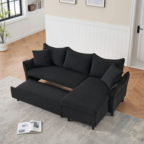 Black 80 in. Corduroy Chenille L-Shaped 3-Seater Full Size Sofa Bed with Pull-Out Bed, 2 Throw Pillows and Storage