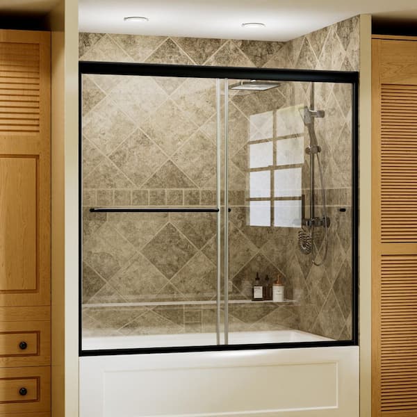58-60 in. W x 58 in. H Sliding Framed Tub Door in Matte Black with 5/16 in. (8 mm) Tempered Clear Glass