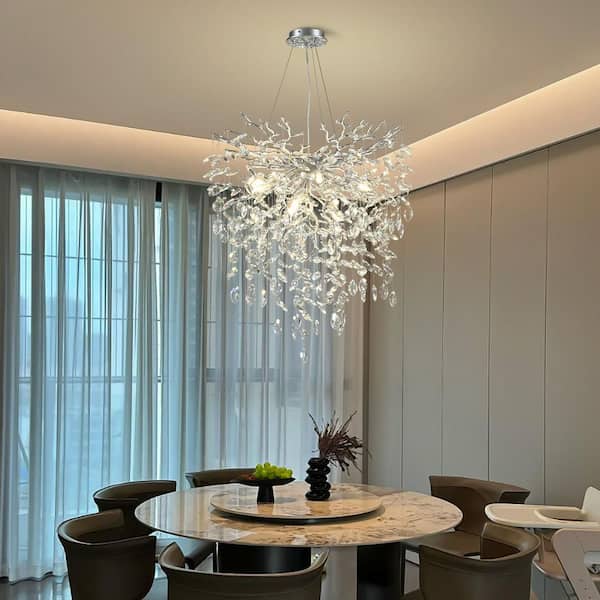 24 in. 8-Light Silver Tree Branch Chandelier, Modern Crystal Chandelier for Dining Room Living Room Kitchen Bedroom