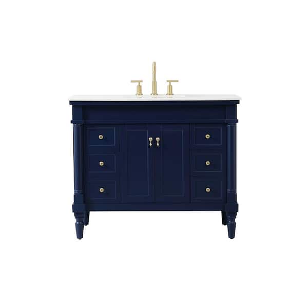 Unbranded Timeless Home 42 in. W Single Bath Vanity in Blue with Marble Vanity Top in White and Brown Vein with White Basin