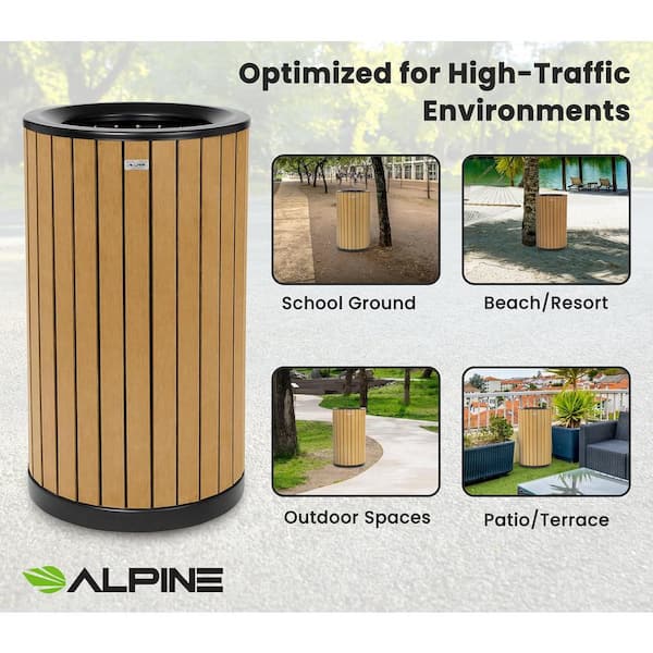 32 Gal. Cedar All-Weather Steel Commercial Outdoor Trash Can Garbage Receptacle with Slatted Wood Style Panels
