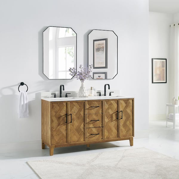 Clara 60 in. Double Freestanding Weathered Brown Bath Vanity with Calacatta Truffle White Quartz Top Assembled