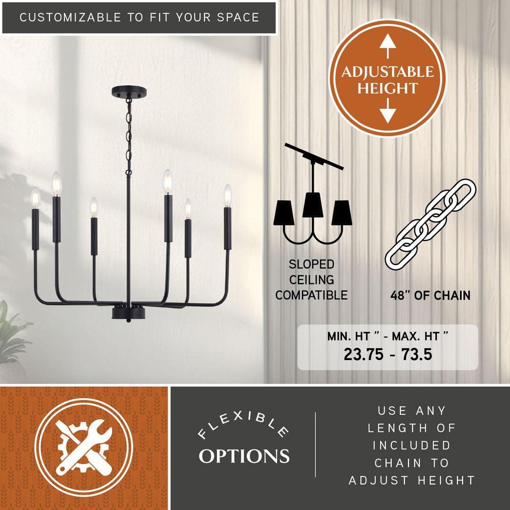 Belden 26" Black Metal 6-Light Candelabra Chandelier