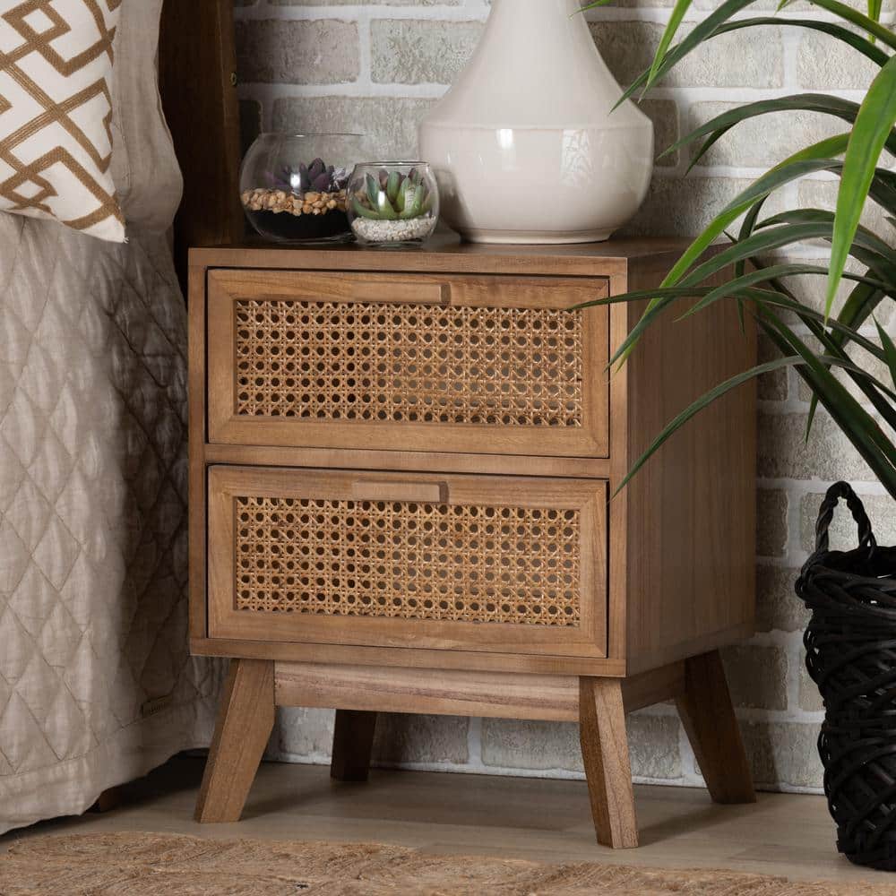 Walnut Brown Retro-Inspired 2-Drawer Rattan End Table