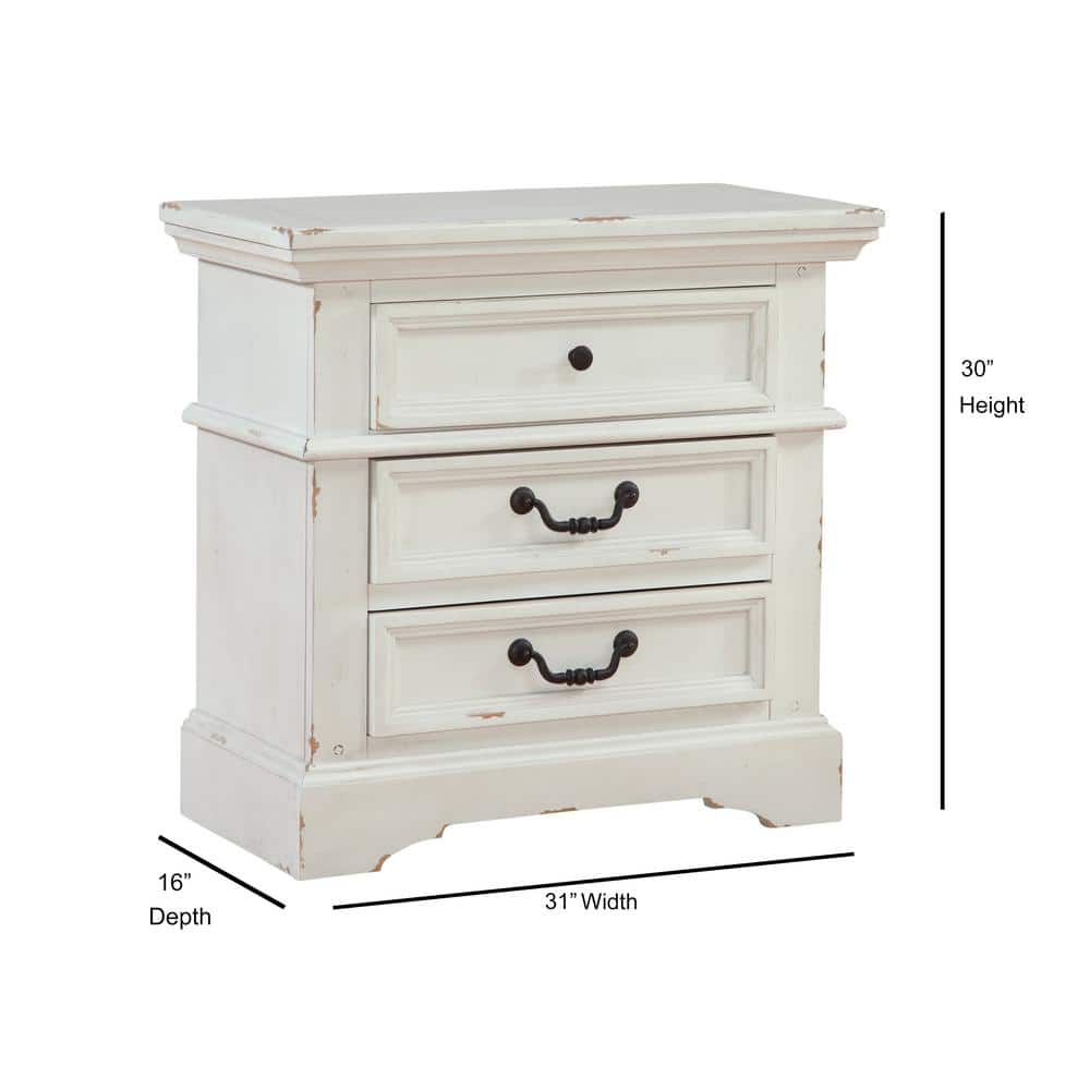 Stonebrook Antique White 3-Drawer Transitional Rustic Nightstand