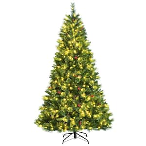 7 ft. Pre-Lit Hinged Artificial Christmas Tree with Pine Cones and Red Berries