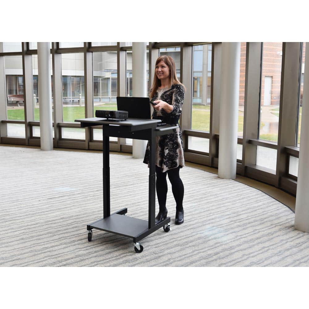 White Adjustable Height Mobile Standing Desk with Pneumatic Foot Pedal