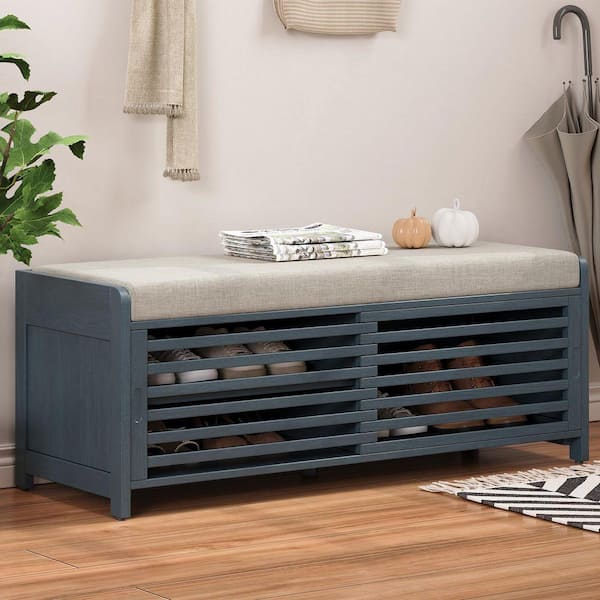 16.5 in. H x 43.3 in. W Navy Blue MDF Shoe Storage Bench with Light Gray Cushion and Shutter Door