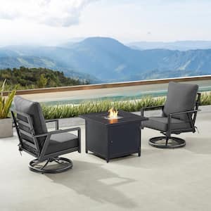 Black 3-Piece Aluminum Patio Fire Pit Set with 2-Club Chairs Black Cushions