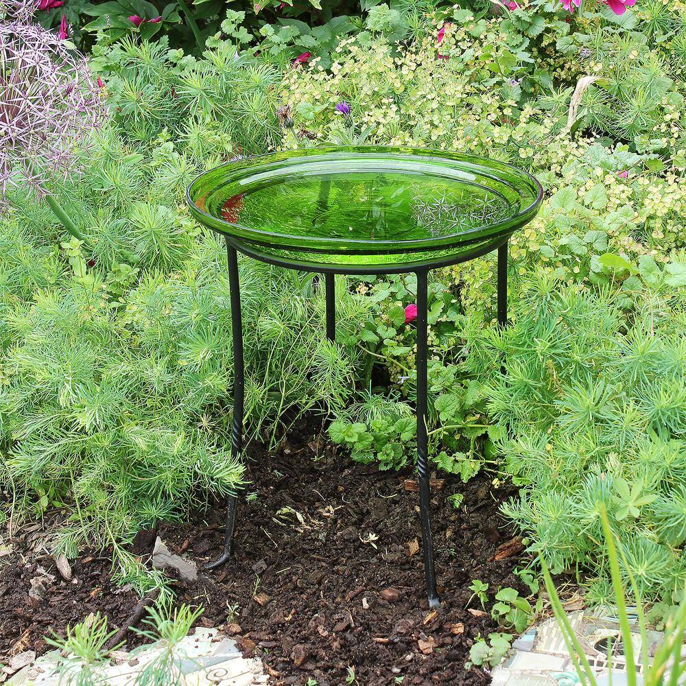 Fern Green 14-Inch Crackle Glass Hanging Birdbath Bowl