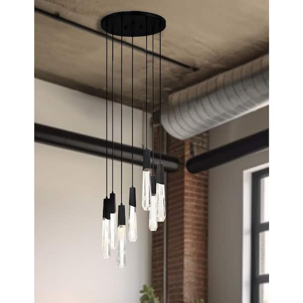 Drifting Droplets 6-Watt 7-Light Black Statement Integrated LED Pan Pendant Light with Faux Rock Crystal Shades
