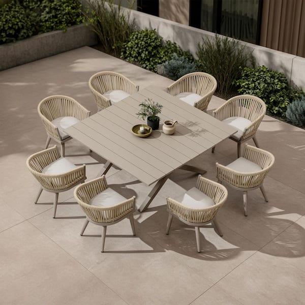 9 Piece Aluminum All-Weather PE Rattan Square Outdoor Dining Set with Cushion, Champagne
