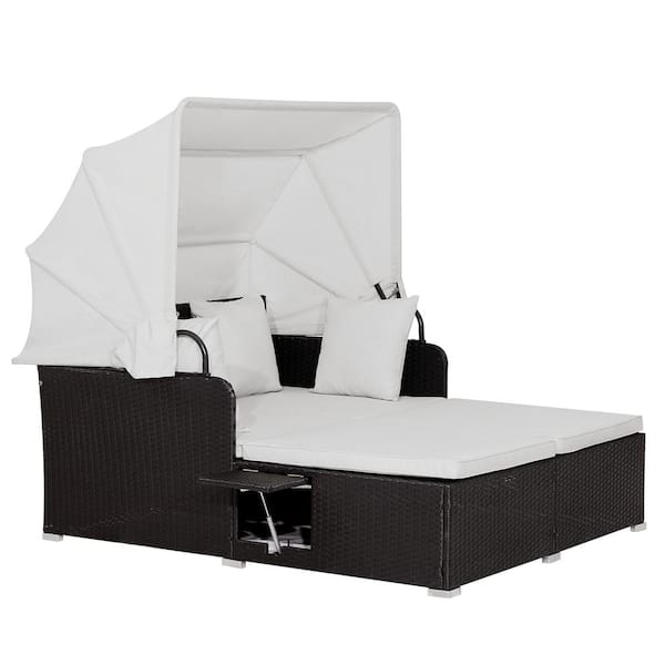 HONEY JOY Wicker Outdoor Day Bed with Retractable Canopy PE Rattan Sunbed and 2 Folding Side Trays White Soft Cushions
