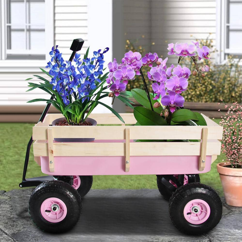 3.04 cu. ft. 176 lbs. Steel Outdoor All-Terrain Frame Wood Railing Pulling Wagon Garden Cart in Pink -  Satico, QLCT010227