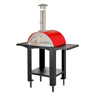 Karma 25 in. Wood Fired Outdoor Pizza Oven in Red with Black Stand on 4 Casters and Side Shelf