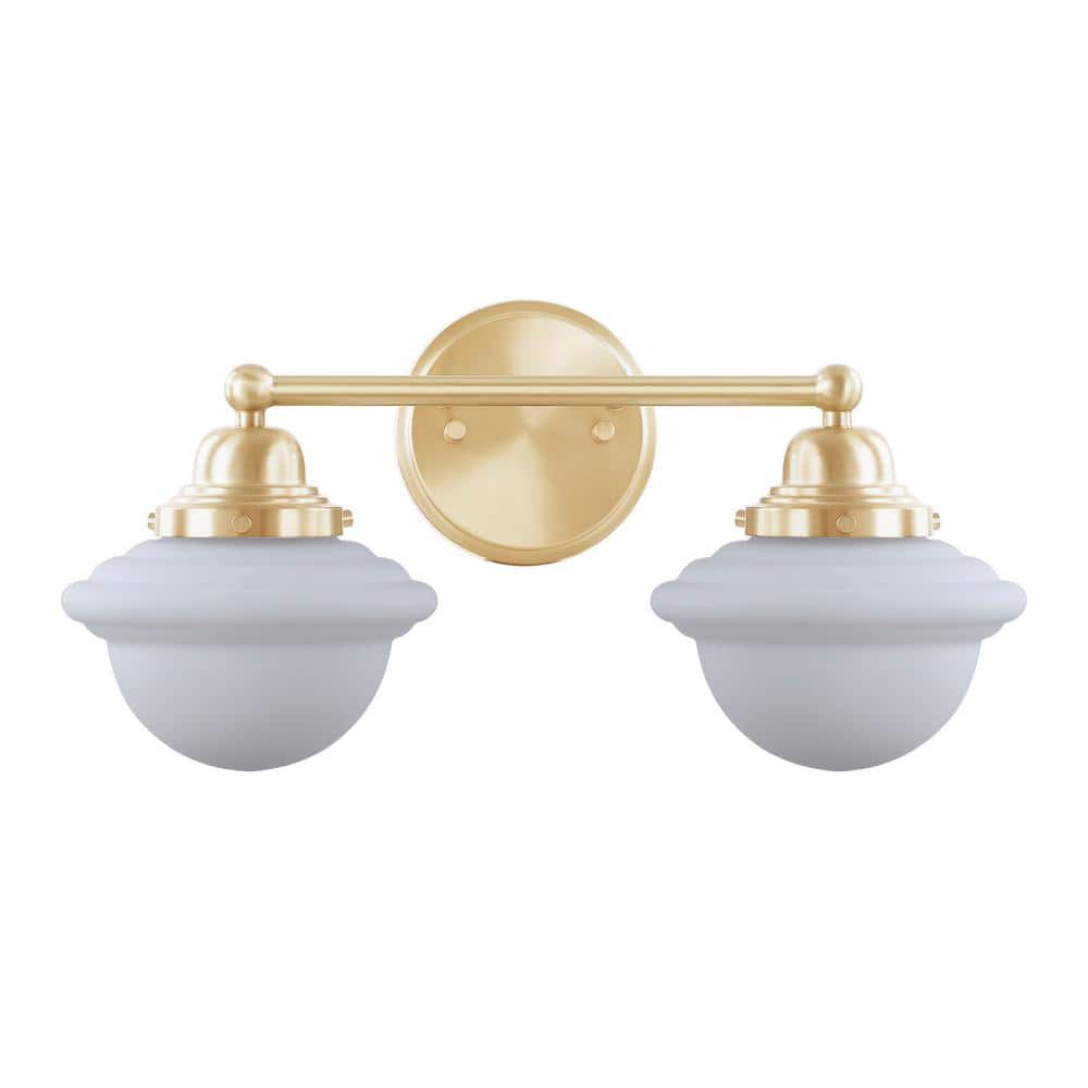 Warm Brass 2-Light Vanity Fixture with White Glass Shades
