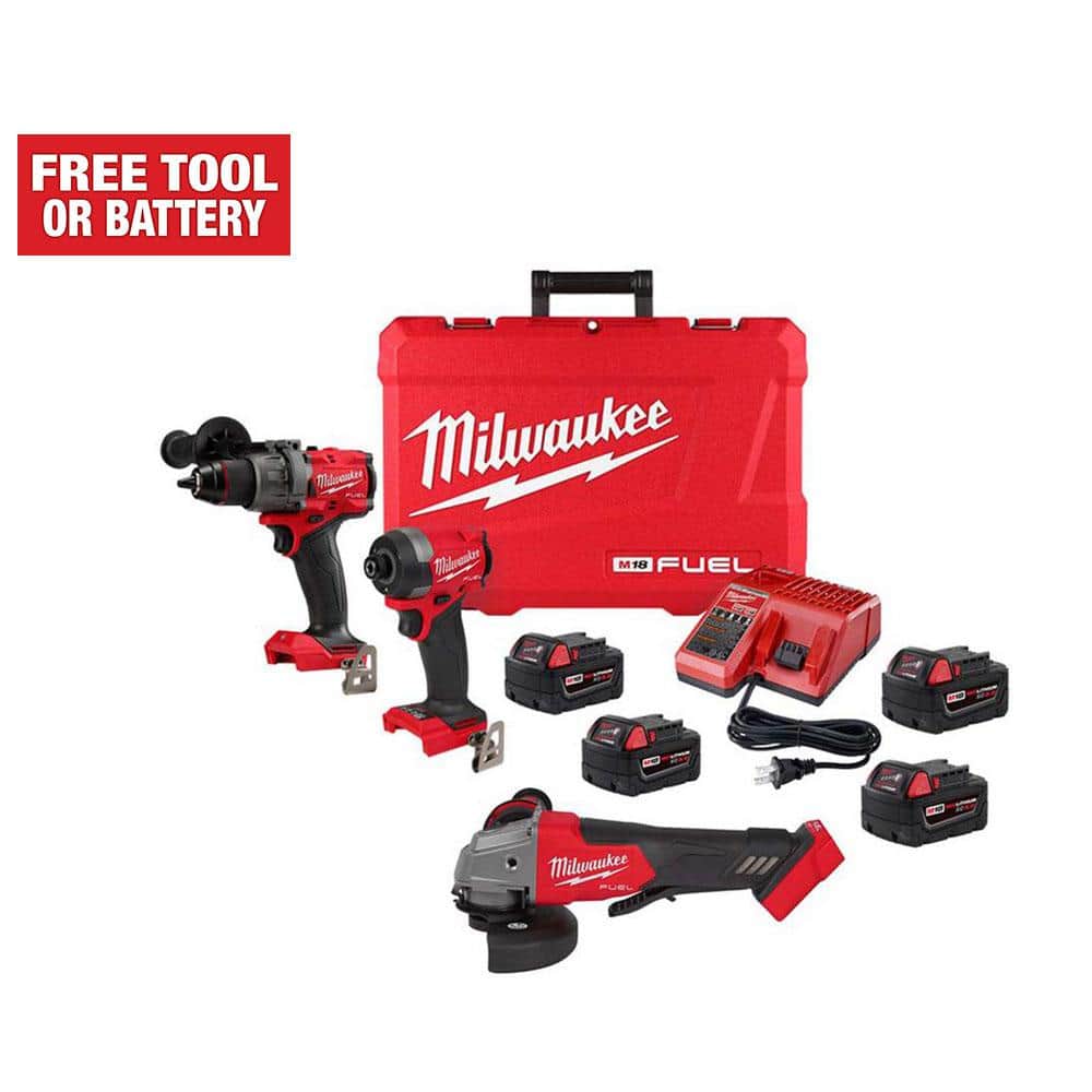 Milwaukee M18 FUEL 18-Volt Lithium-Ion Brushless Cordless Hammer Drill/Impact Combo Kit w/4 1/2 in. Grinder 3-Tool & (4) Batteries