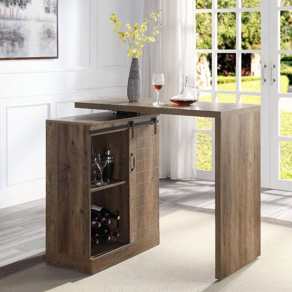 Rustic Oak Farmhouse-Industrial Bar Table with Swivel Top and Wine Rack