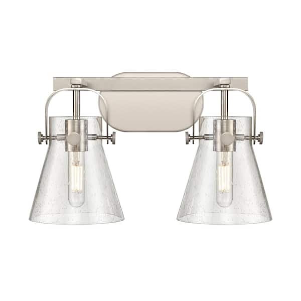 Innovations Pilaster II Cone 17 in. 2-Light Satin Nickel Vanity Light with Glass Shade