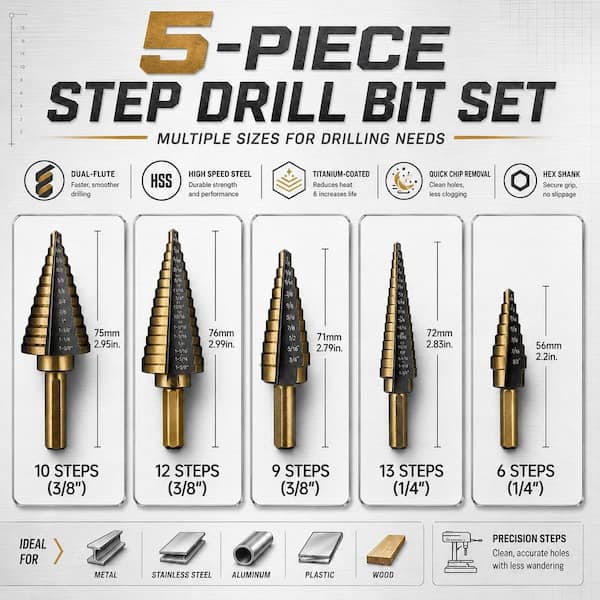 Titanium HSS Step Drill Bit Set (5-Piece) with Aluminum Case