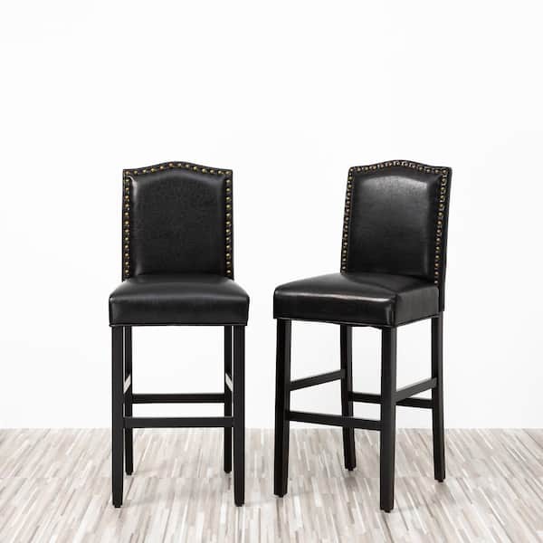 45.00 in. H Black Leatherette Barchair with Studded Decoration Back and Black Solid Rubberwood Legs (Set of 2)