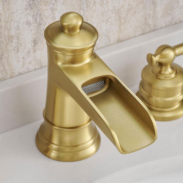 Waterfall 8 in. Widespread Double Handle Stainless Steel Bathroom Faucet in Brushed Gold