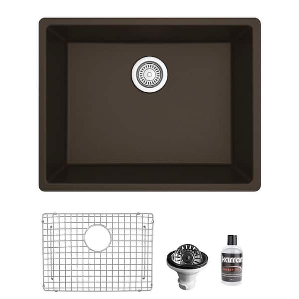 Karran Quartz/Granite 24.38 in. Single Bowl Undermount Kitchen Sink in Brown with Bottom Grid and Strainer