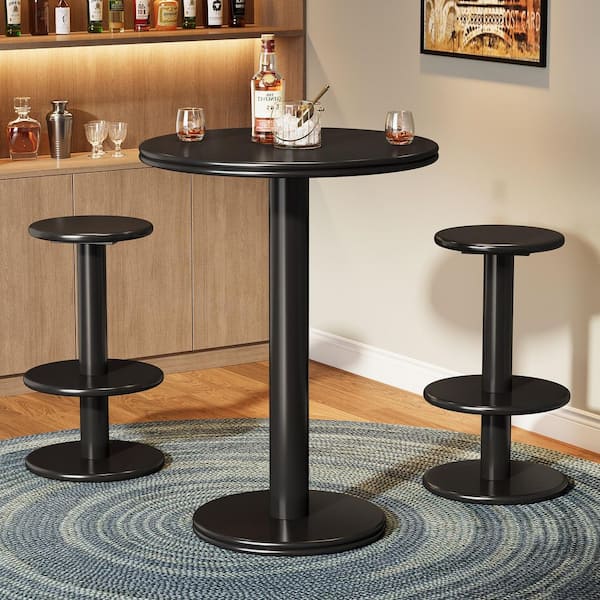 Kearsten Brown Round 39.4 in. H Modern Black Bar Table Set with 2-Barstools, Wood Bistro Table (Seat 2)