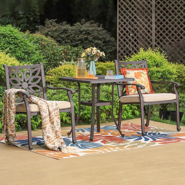 Brown 3-Piece Cast Aluminum Outdoor Dining Set with Square Table and Fixed Chairs with Beige Cushions
