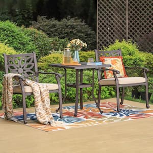 Brown 3-Piece Cast Aluminum Outdoor Dining Set with Square Table and Fixed Chairs with Beige Cushions