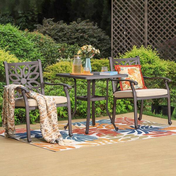 PHI VILLA Brown 3-Piece Cast Aluminum Outdoor Dining Set with Square Table and Fixed Chairs with Beige Cushions