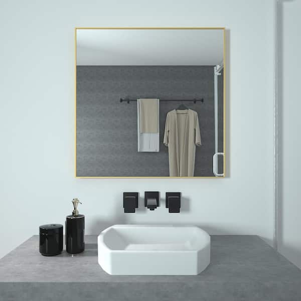 TaiMei 30 in. W. x 30 in. H Rectangular Framed Wall Bathroom Vanity Mirror in Brushed Gold
