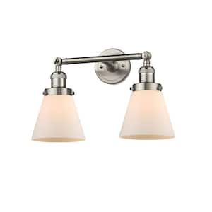 Small Cone 16 in. 2-Light Brushed Satin Nickel Vanity Light with Matte White Glass Shade