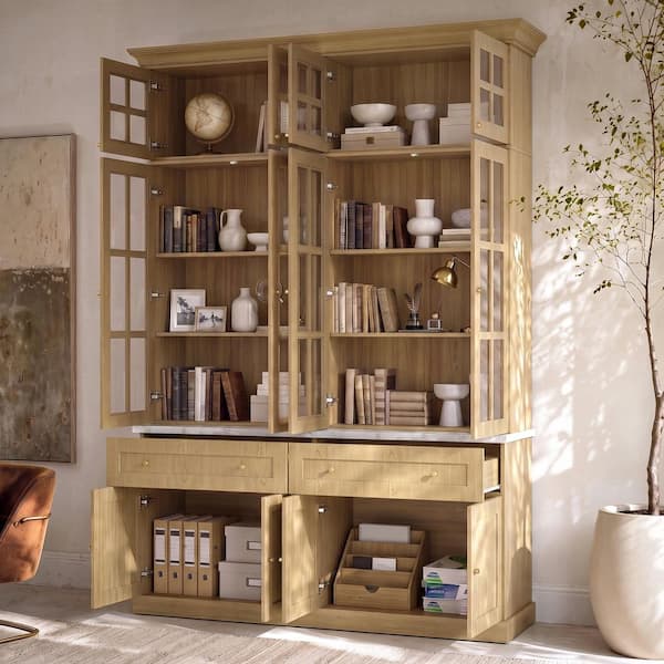 94.5 in. Tall Natural Wood 8-Shelf Standard Bookcase with Glass Doors, 2 Drawers and Lower Cabinets For Living Room