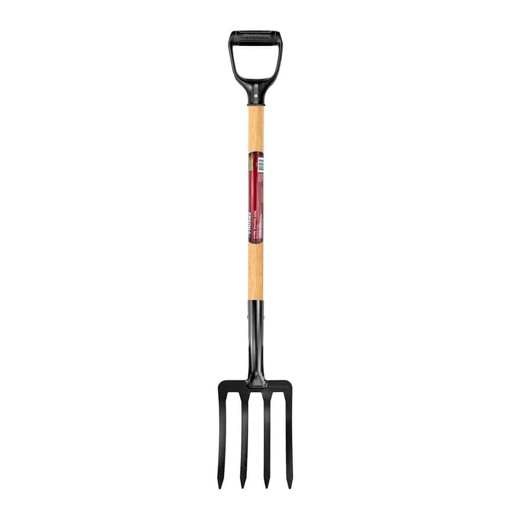 Husky 28 in. D-Grip Short Wood Handle 4-Tine Spading Garden Fork
