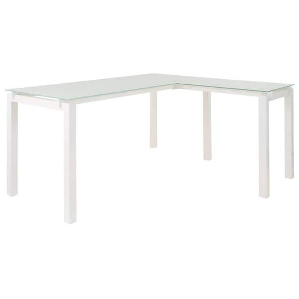 Benjara 61 in. L-Shaped Metal Writing Desks with Frosted Glass Top