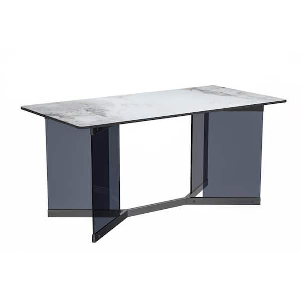 Leisuremod Oryn Modern Medium Grey Stone 55.11 in. Double Pedestal Dining Table, Seats 4