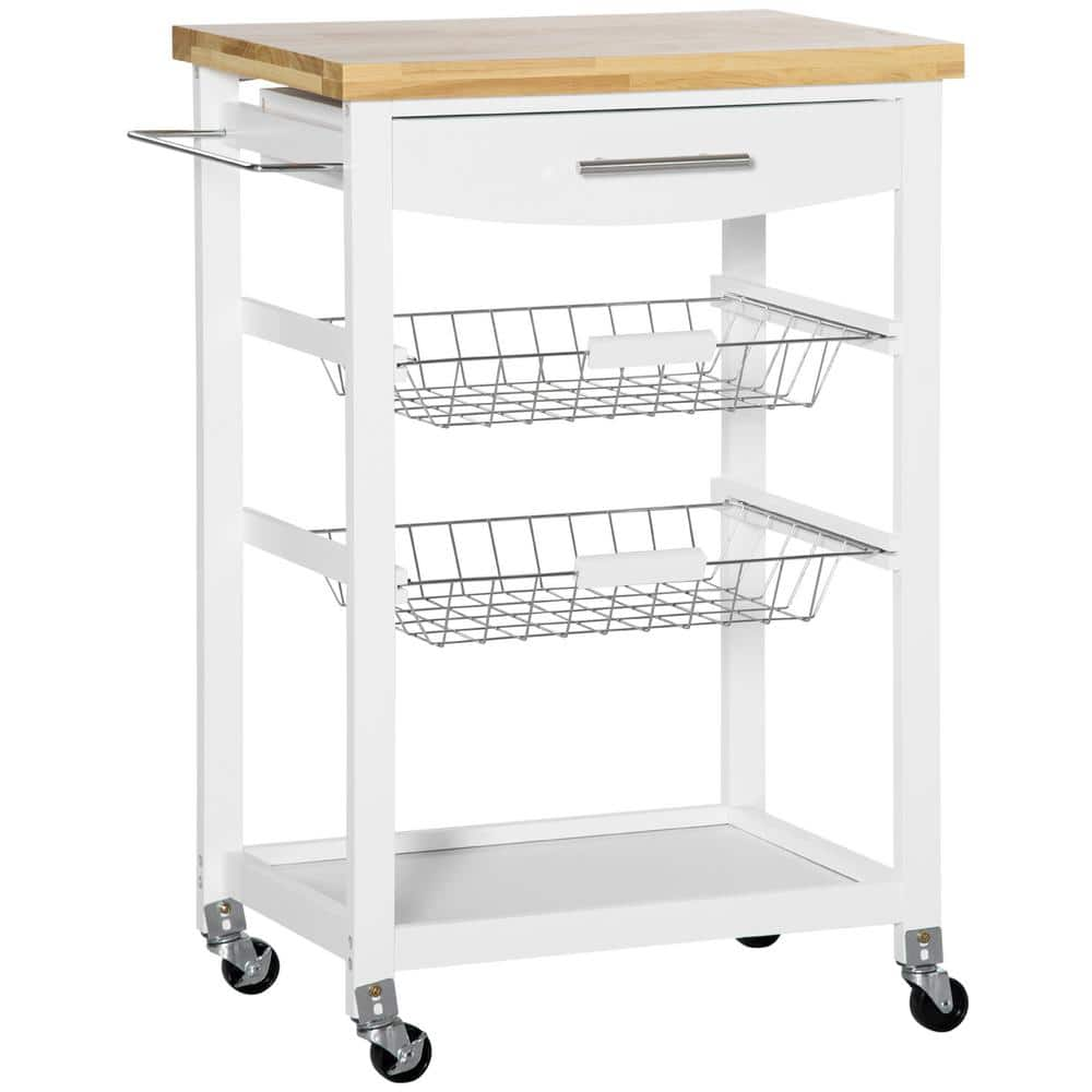 HOMCOM White 3 Tier Utility Kitchen Cart With Rubber Wood Top 801 223WT   White Homcom Kitchen Carts 801 223wt 64 1000 