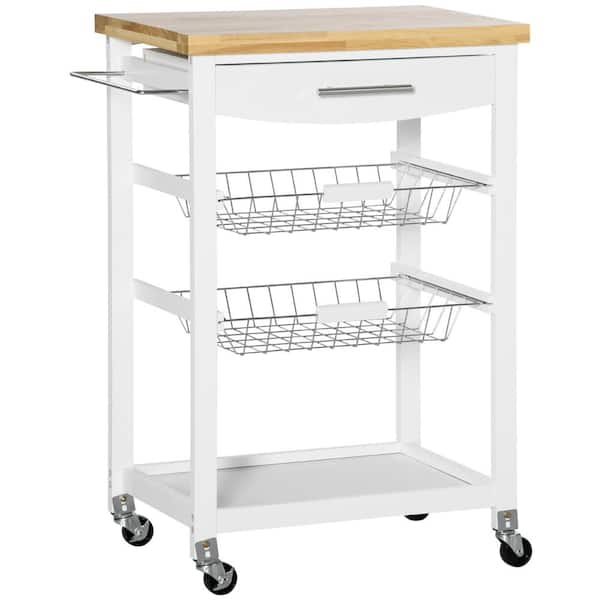 HOMCOM White 3-Tier Utility Kitchen Cart with Rubber Wood Top 801-223WT ...